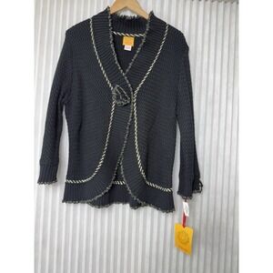 New Ruby Rd. Black  Knit Cardigan W/ Flower Applique  And Gold Finish Size 1XL